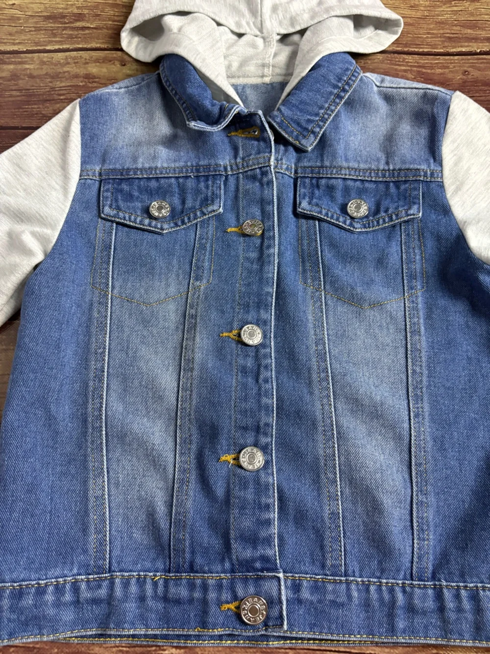 Boy's Blue Denim Jacket with Gray Hoodie Sleeves Size 7Y